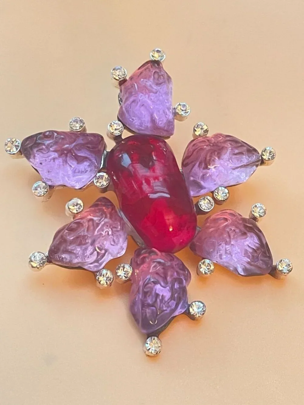 Vtg Cecile & Jeanne Poured Glass Brooch Pendant Gripoix Style W/ Pink Glass & Rh